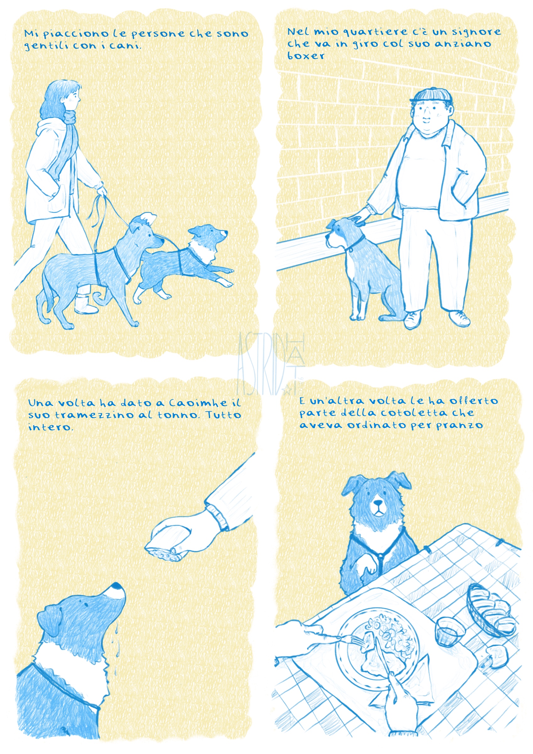Un fumetto di due tavole costruito interamente sul contrasto di due colori. Scene di vita quotidiana: cani, persone buone, piccoli momenti ordinari.
Progetto personale con storia originale, non commissionato.